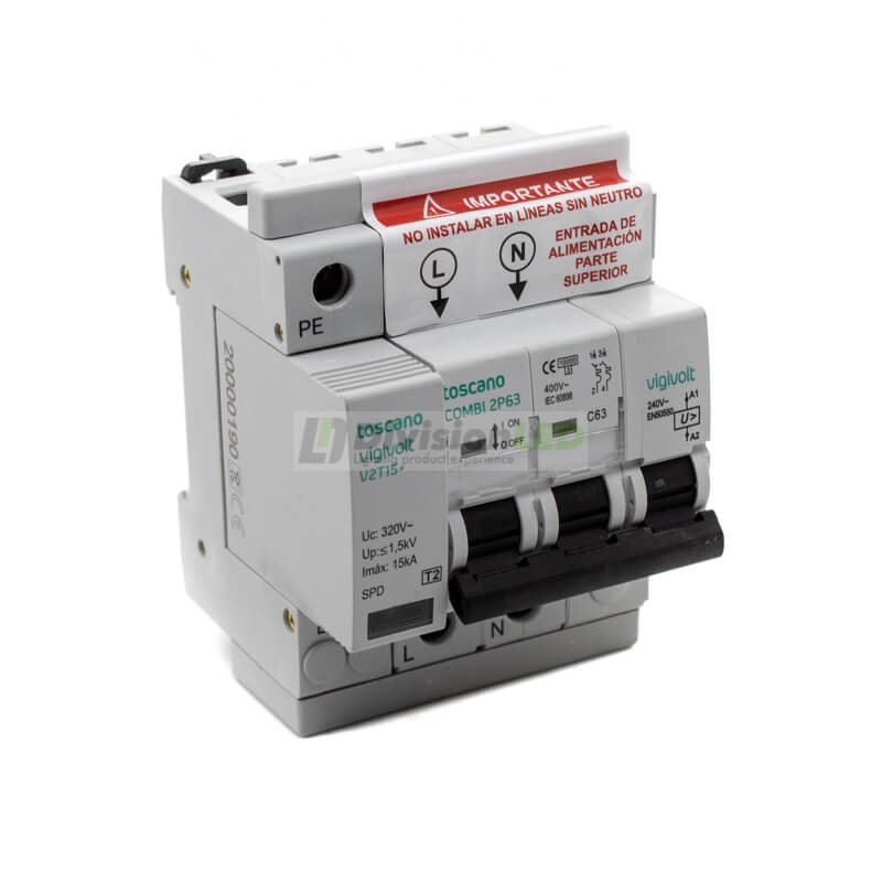 TOSCANO 10002473 COMBI 2P63T15 Protector sobretensión permanente y transitoria + IGA monofásico 2x63A