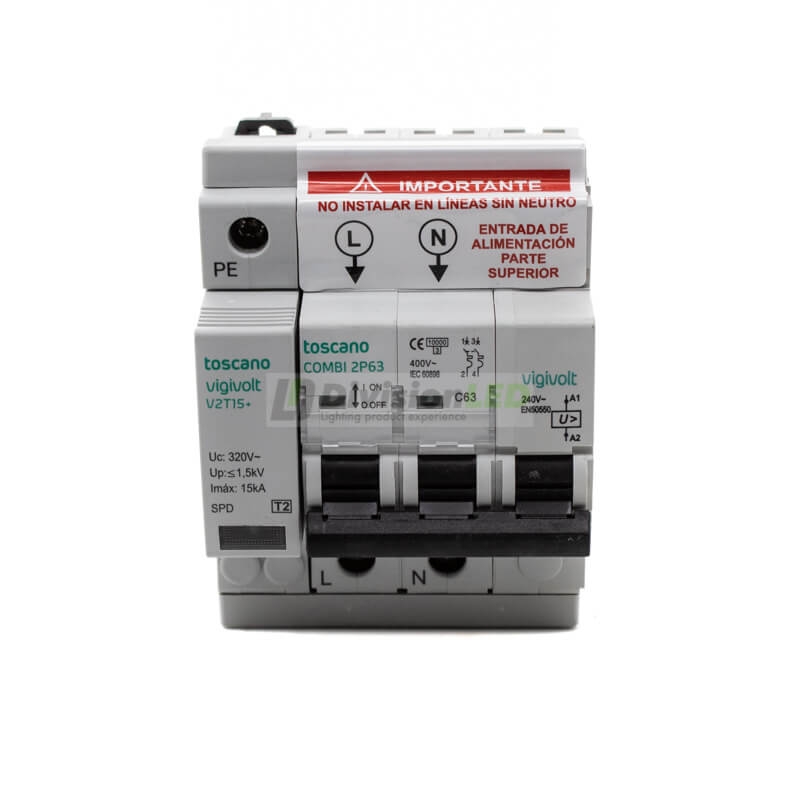 TOSCANO 10002473 COMBI 2P63T15 Protector sobretensión permanente y transitoria + IGA monofásico 2x63A