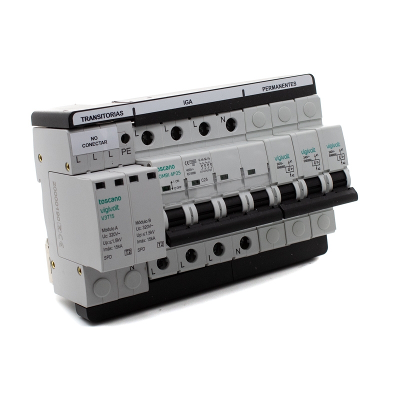 Toscano 10002474 COMBI 4P25T15 Protector sobretensión permanente y transitoria + IGA trifásico 4x25A