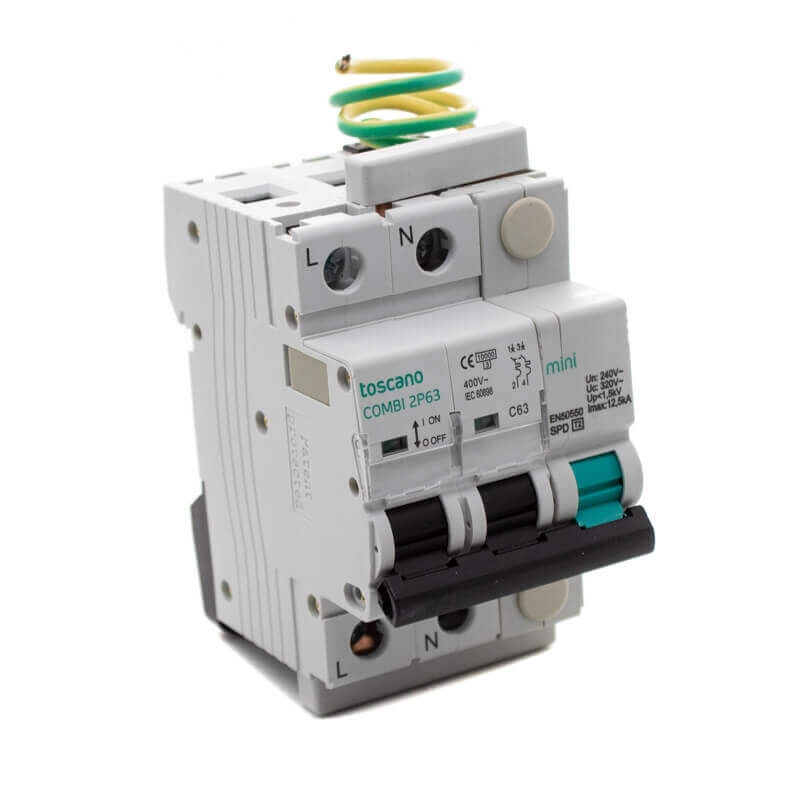 Toscano 10002911 COMBI-MINI 2P63T15 Protector sobretensión permanente y transitoria + IGA monofásico compacto 2x63A