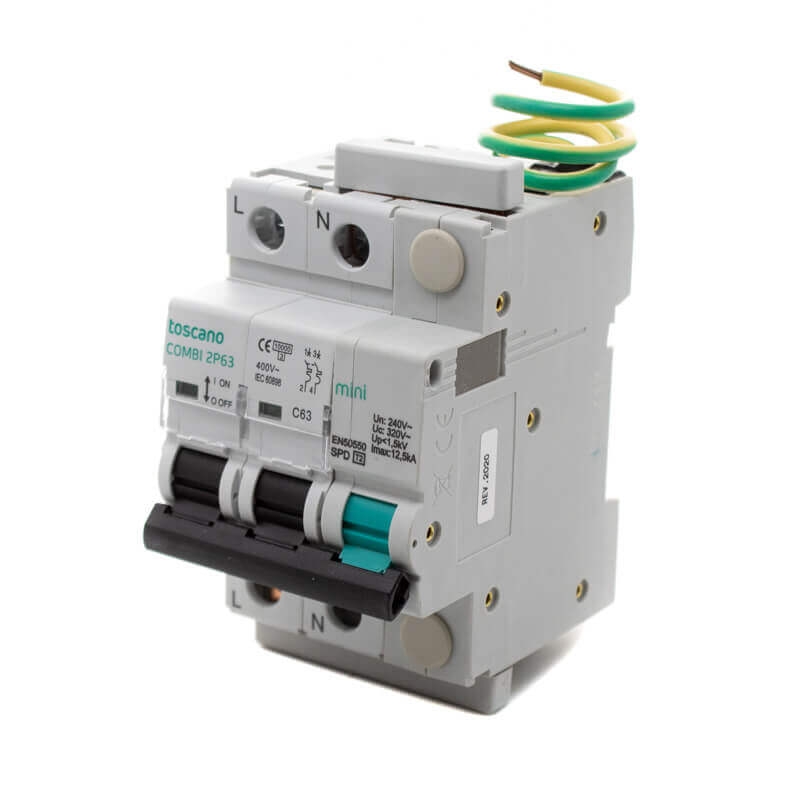 Toscano 10002911 COMBI-MINI 2P63T15 Protector sobretensión permanente y transitoria + IGA monofásico compacto 2x63A