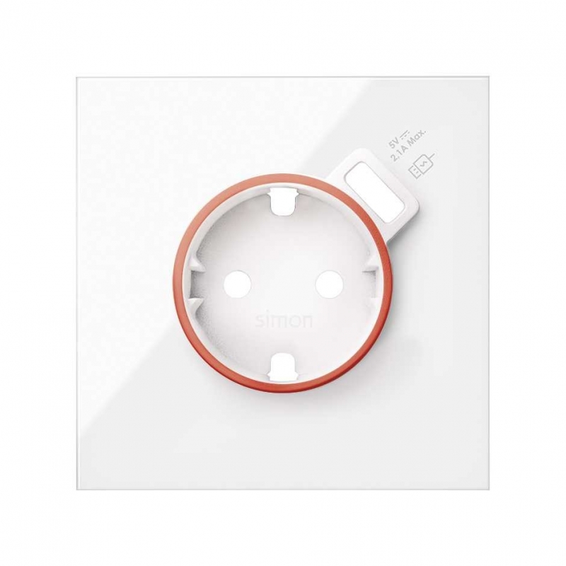 SIMON | 10000137-130 | TAPA CON ARO ROJO PARA BASE DE ENCHUFE SCHUKO CON CARGADOR USB INTEGRADO BLANCO BRILLANTE SIMON 100