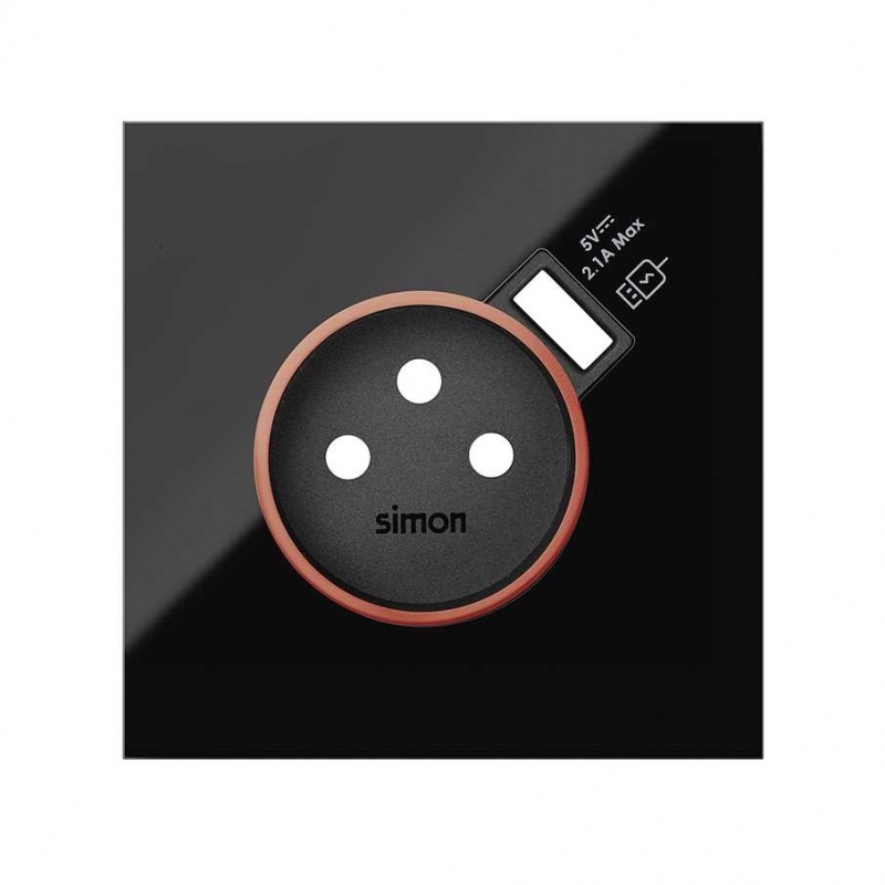 SIMON | 10000137-138 | TAPA CON ARO ROJO PARA BASE DE ENCHUFE SCHUKO CON CARGADOR USB INTEGRADO NEGRO BRILLANTE SIMON 100