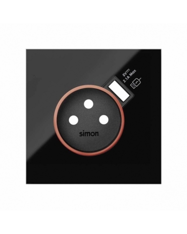 SIMON | 10000137-138 | TAPA CON ARO ROJO PARA BASE DE ENCHUFE SCHUKO CON CARGADOR USB INTEGRADO NEGRO BRILLANTE SIMON 100