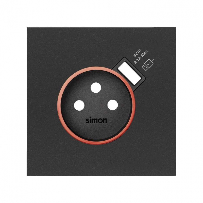 SIMON | 10000137-238 | TAPA CON ARO ROJO PARA BASE DE ENCHUFE SCHUKO CON CARGADOR USB INTEGRADO NEGRO MATE SIMON 100