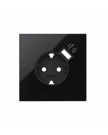 SIMON | 10020109-138 | KIT FRONT PARA 1 ELEMENTO CON 1 BASE ENCHUFE SCHUKO CON CARGADOR USB INTEGRADO NEGRO BRILLANTE SIMON 100