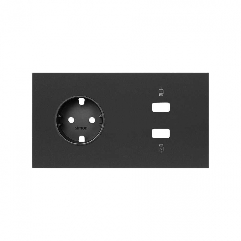 SIMON | 10020205-238 | KIT FRONT PARA 2 ELEMENTOS CON 1 BASE DE ENCHUFE SCHUKO Y 1 CARGADOR 2XUSB NEGRO MATE SIMON 100