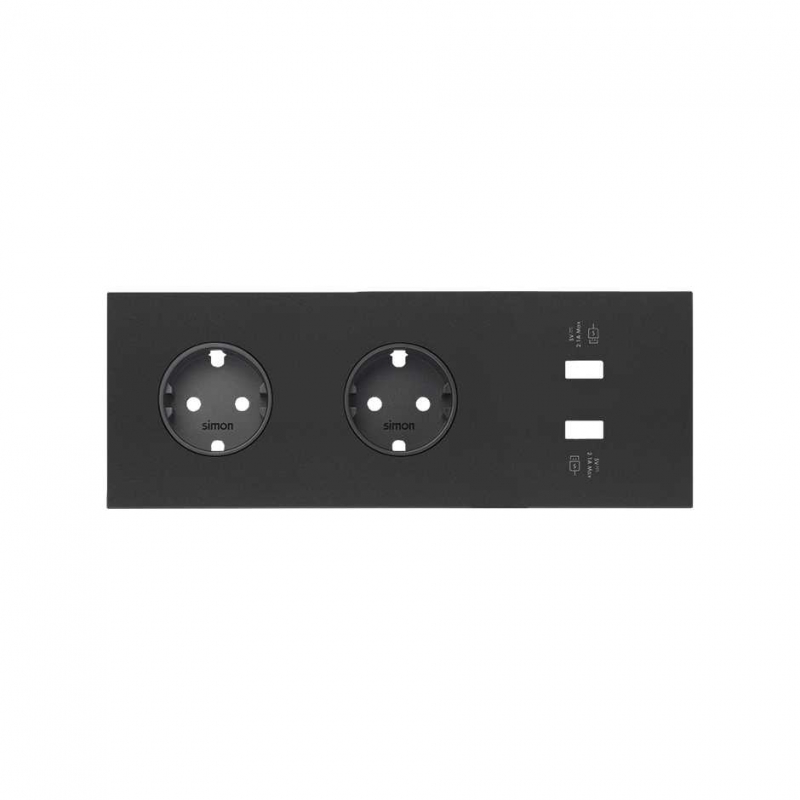SIMON | 10020309-238 | KIT FRONT PARA 3 ELEMENTOS CON 2 BASES ENCHUFE SCHUKO Y 1 CARGADOR DOBLE 2XUSB NEGRO MATE SIMON 100