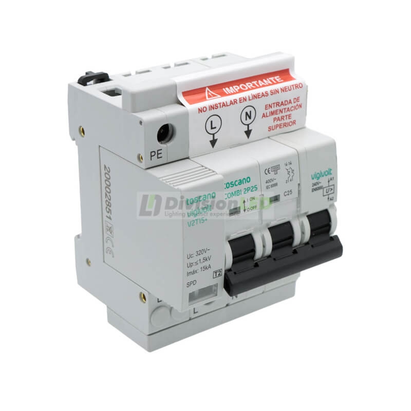 Toscano 10002470 COMBI 2P25T15 Protector sobretensión permanente y transitoria + IGA monofásico 2x25A