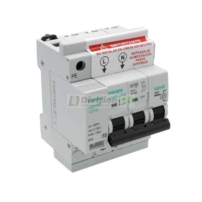 Toscano 10002471 COMBI 2P40T15 Protector sobretensión permanente y transitoria + IGA monofásico 2x40A