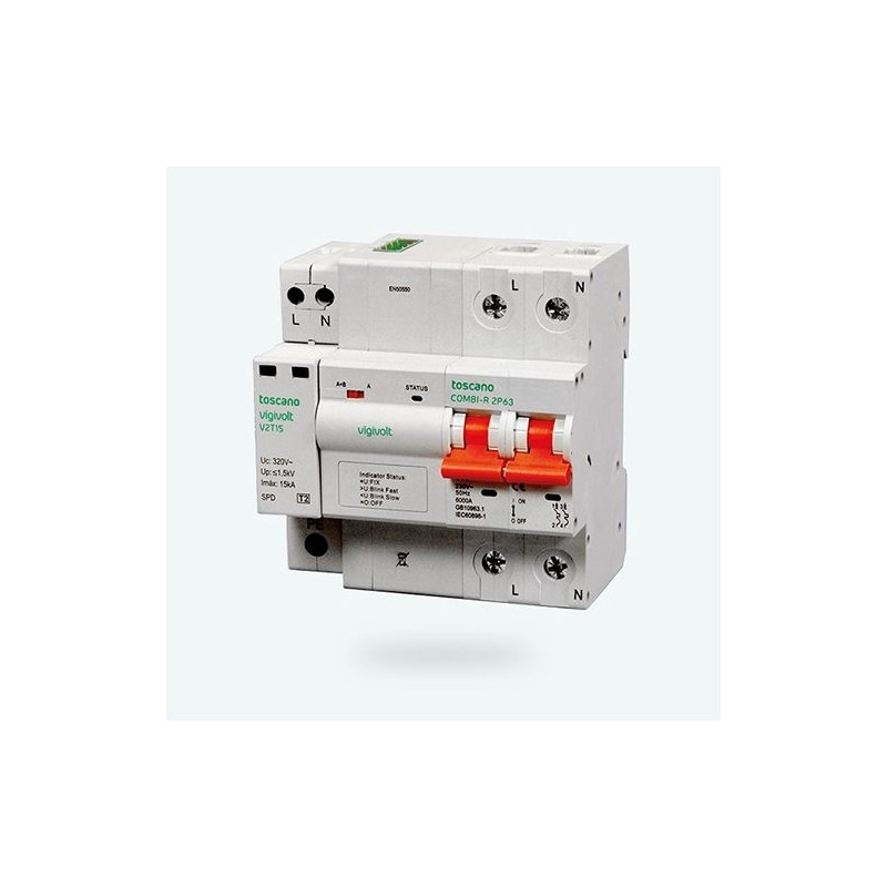Toscano 10002897 COMBI-PRO 2PT 2P63T15 Protector sobretensión perm. y trans. + IGA monofásico 2x63A reconexión automática