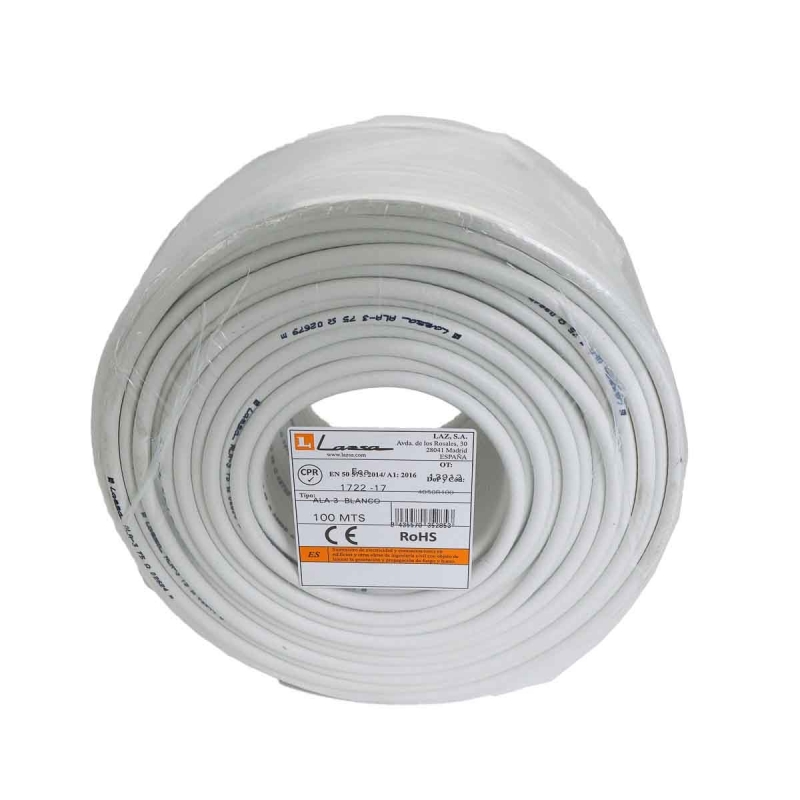 LAZSA 4050 Coaxial antena TV Aluminio. 1.1 Cu/5 PEE/7mm PVC Blanco CPR Eca.Rollo 100 m