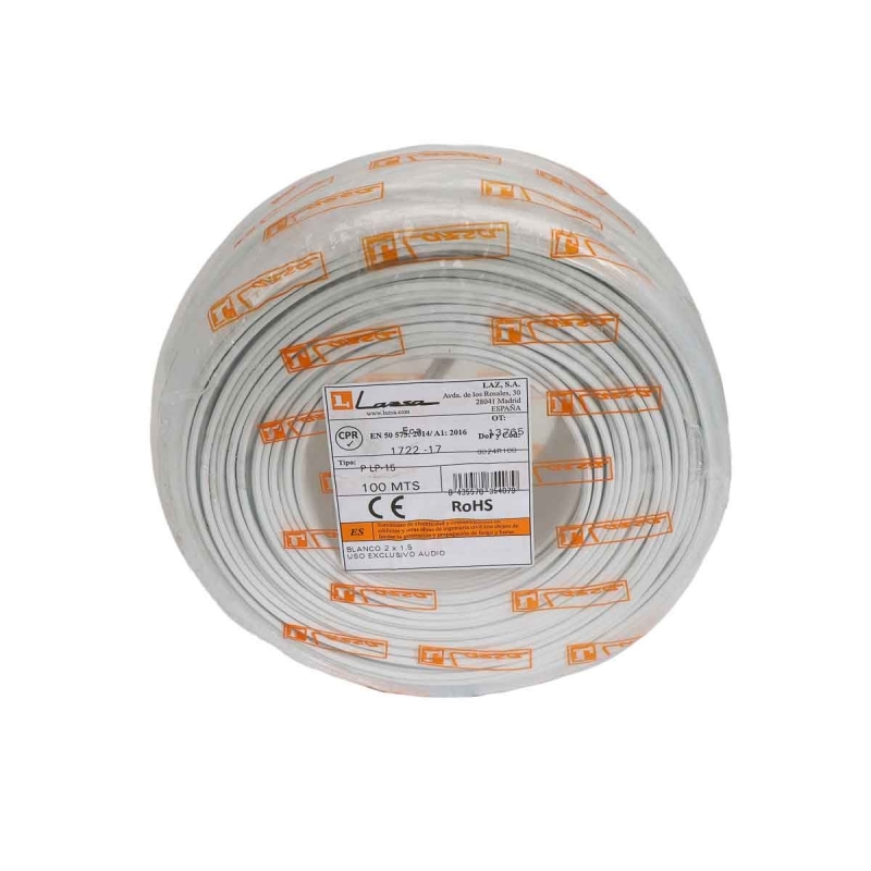 Cable Paralelo blanco polarizado 2x1.5mm Rollo 100m P-LP15 LAZSA 6024