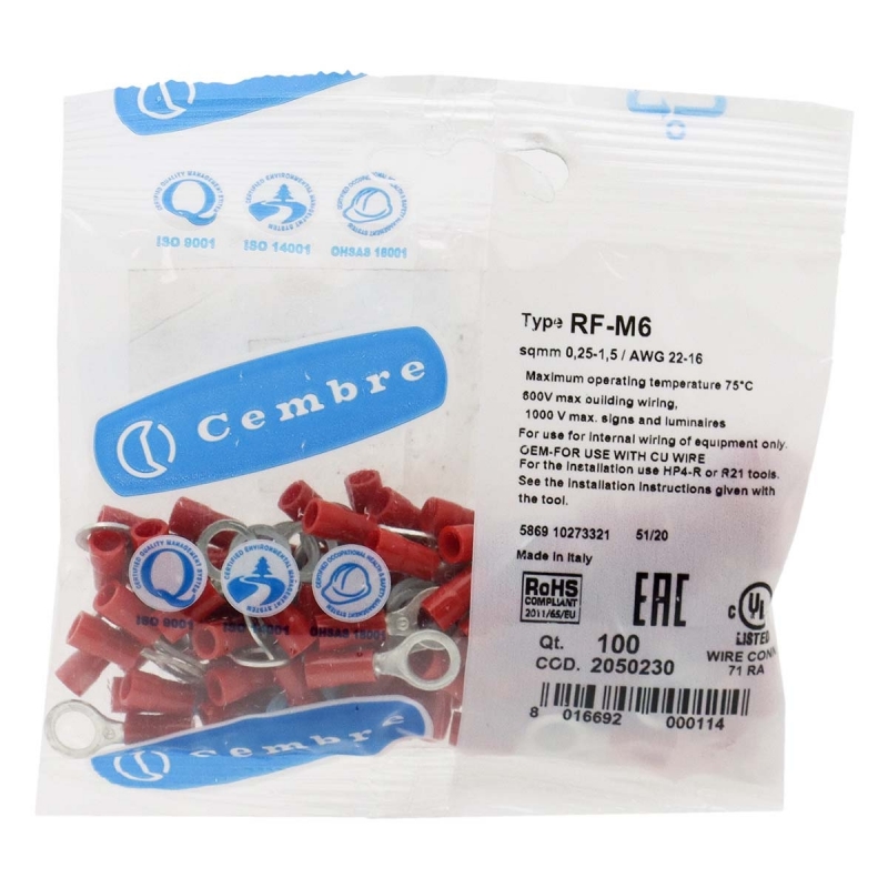 CEMBRE 2050230 RF-M6 Terminal redondo F preaislado rojo 0.25-1.5mm2 diámetro 6.4mm