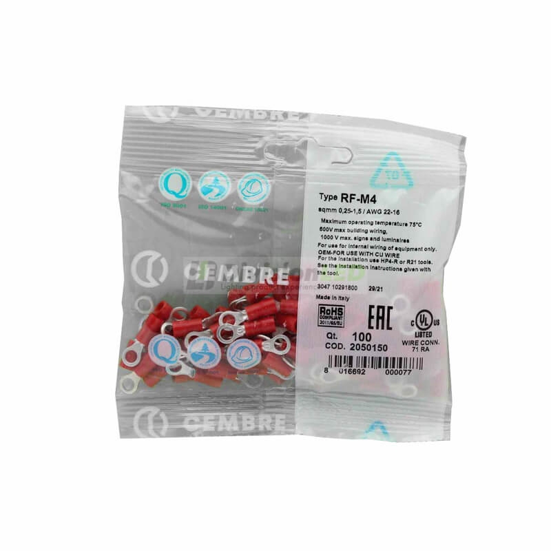 CEMBRE 2050150 RF-M4 Terminal redondo F preaislado rojo 0.25-1.5mm2 diámetro 4.3mm 100uds