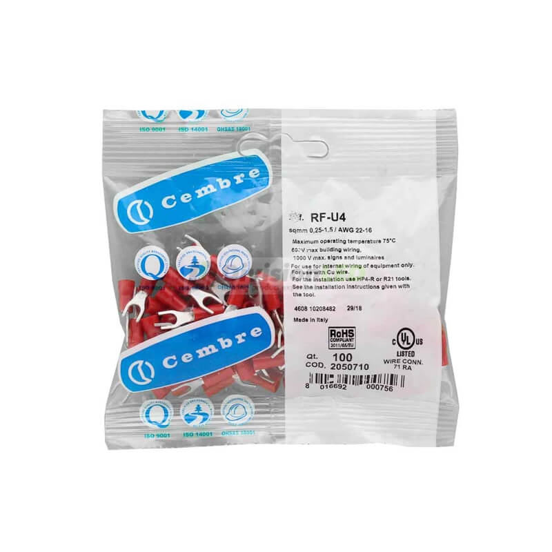 CEMBRE 2050710 RF-U4 Terminal horquilla F preaislado rojo 0.25-1.5mm2 diámetro 4.3mm 100uds