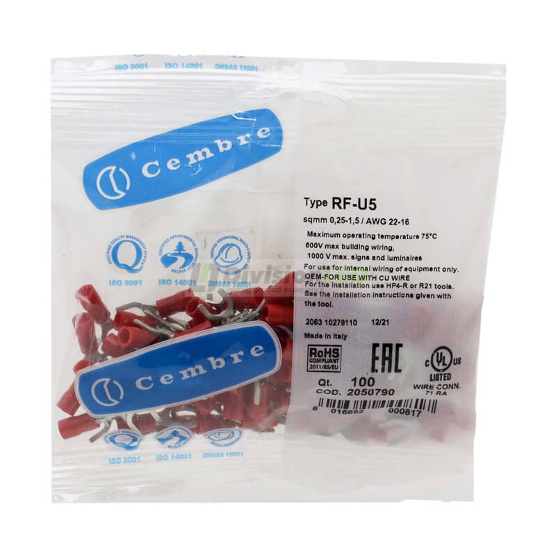 CEMBRE 2050790 RF-U5 Terminal horquilla F preaislado rojo 0.25-1.5mm2 diámetro 5.3mm 100uds