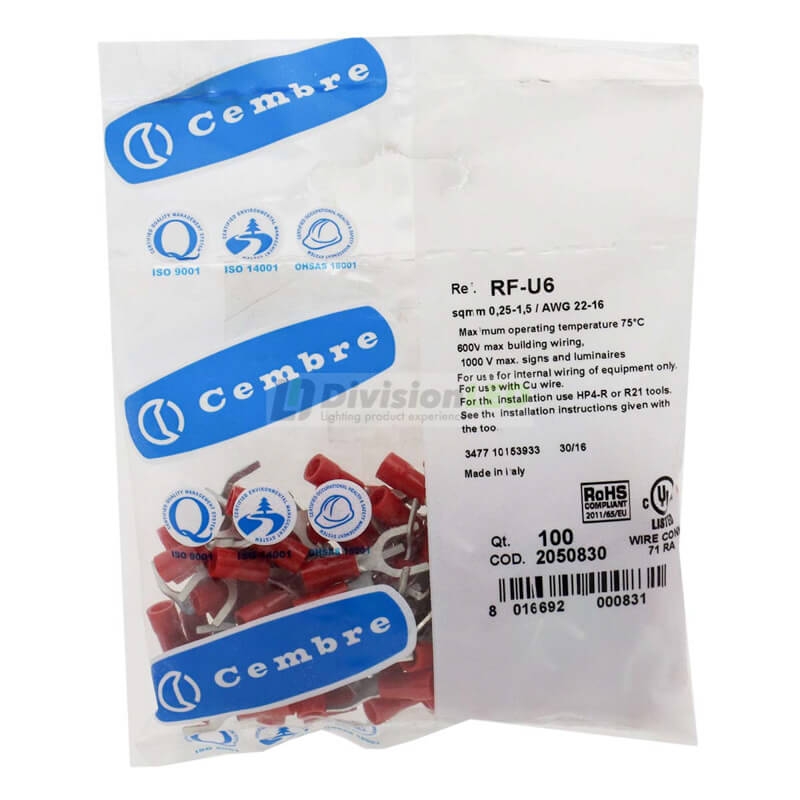 CEMBRE 2050830 RF-U6 Terminal horquilla F preaislado rojo 0.25-1.5mm2 diámetro 6.4mm 100uds