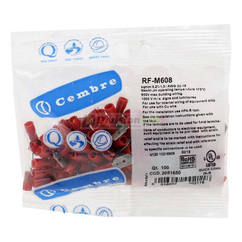 CEMBRE 2051650 RF-M608 Terminal Macho preaislado nylon rojo 0.25-1.5mm2 6.35x0.8mm 100uds