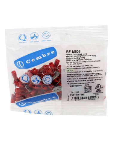 CEMBRE 2051650 RF-M608 Terminal Macho preaislado nylon rojo 0.25-1.5mm2 6.35x0.8mm 100uds