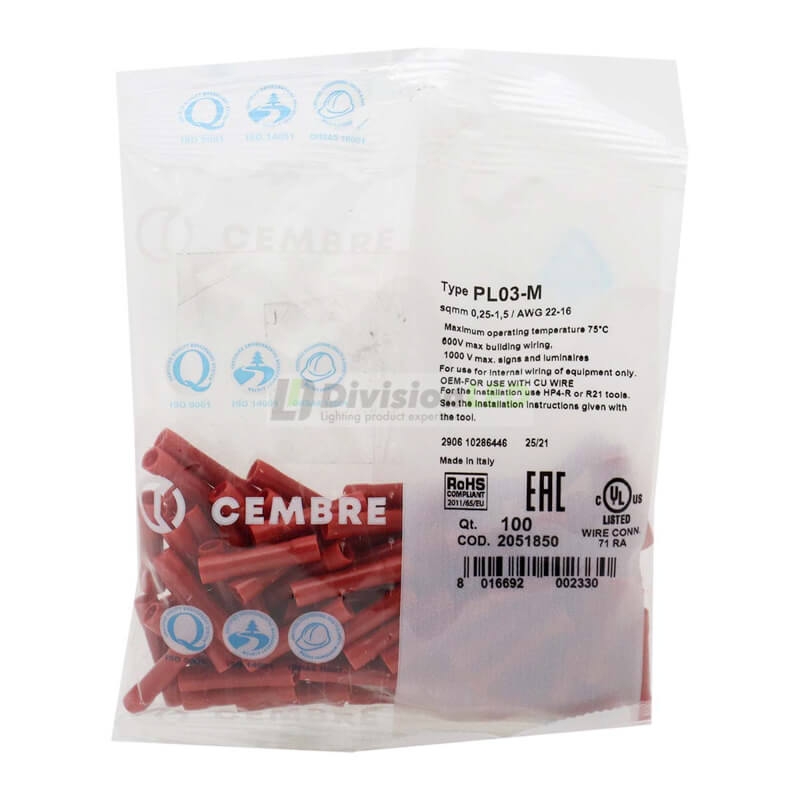 CEMBRE 2051850 PL03-M Empalme punta - punta preaislado rojo PVC rojo 0.25-1.5mm2 25mm 100uds