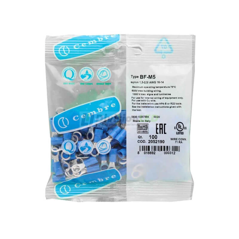 CEMBRE 2052190 BF-M5 Terminal redondo F preaislado azul 1.5-2.5mm2 diámetro 5.3mm 100uds