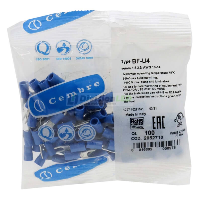 CEMBRE 2052710 BF-U4 Terminal horquilla F preaislado azul 1.5-2.5mm2 diámetro 4.3mm 100uds