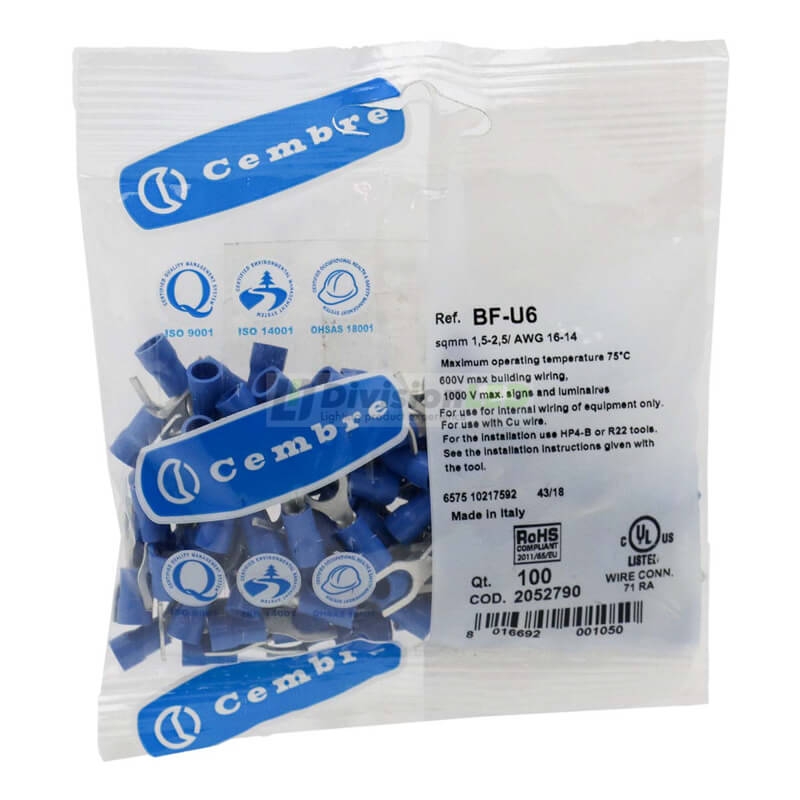 CEMBRE 2052790 BF-U6 Terminal horquilla F preaislado azul 1.5-2.5mm2 diámetro 6.4mm 100uds