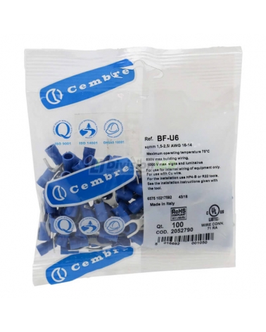 CEMBRE 2052790 BF-U6 Terminal horquilla F preaislado azul 1.5-2.5mm2 diámetro 6.4mm 100uds