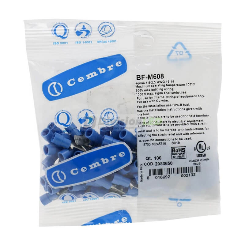 CEMBRE 2053650 BF-M608 Conector Macho preaislado nylon azul 1.5-2.5mm2 6.35x0.8mm 100uds