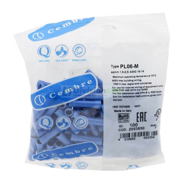 CEMBRE 2053850 PL06-M Empalme punta - punta preaislado PVC azul 1.5-2.5mm2 25mm 100uds