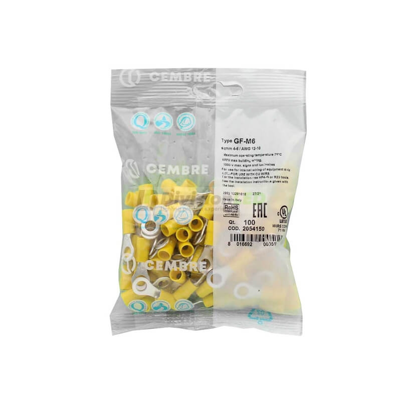 CEMBRE 2054150 GF-M6 Terminal redondo F preaislado amarillo 4-6mm2 diámetro 6.4mm 100uds
