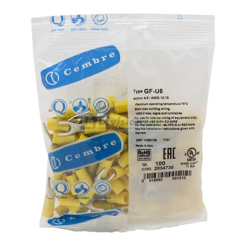 CEMBRE 2054730 GF-U6 Terminal horquilla F preaislado amarillo 4-6mm2 diámetro 6.4mm 100uds