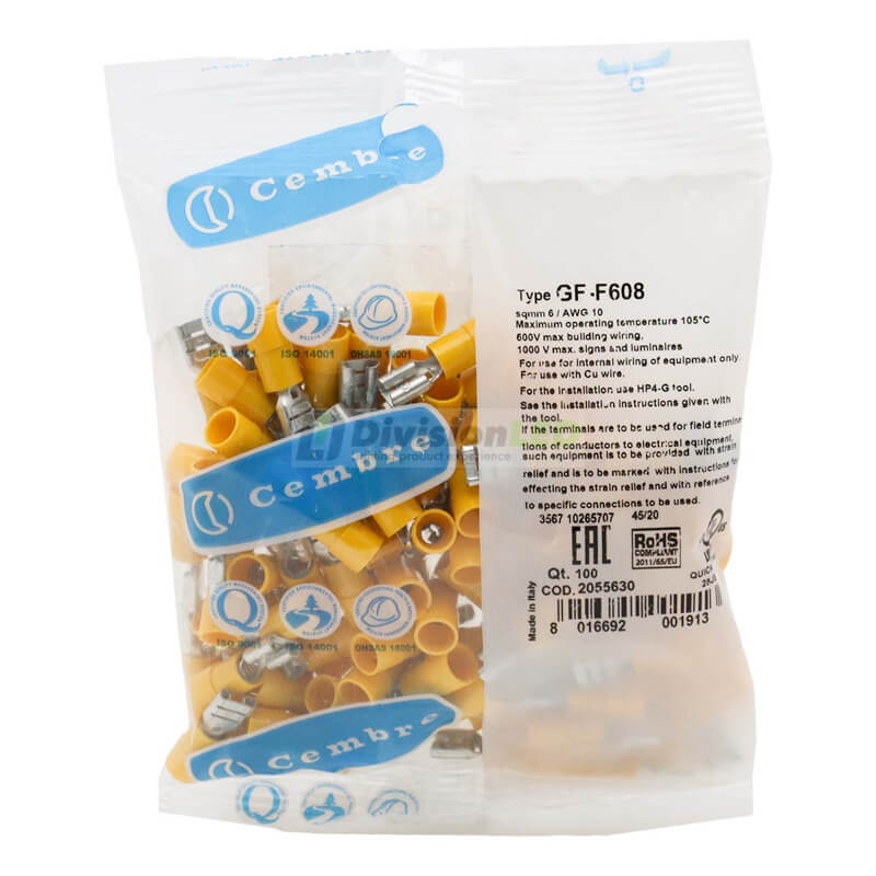 CEMBRE 2055630 GF-F608 Conector Hembra preaislado nylon amarillo 4-6mm2 6.35x0.8mm 100uds