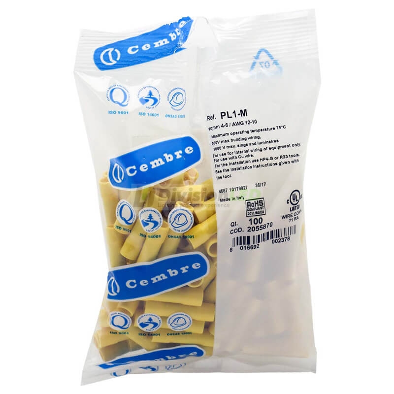 CEMBRE 2055870 PL1-M Empalme punta - punta preaislado PVC amarillo 4-6mm2 32mm 100uds
