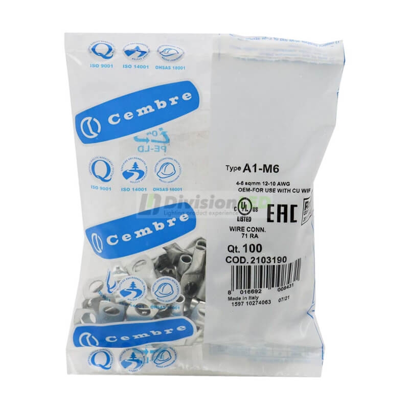 CEMBRE 2103190 A1-M6 Terminal redondo reforzado 4-6mm2 diámetro 6.4mm 100uds