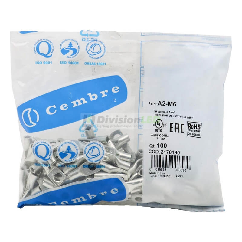CEMBRE 2170190 A2-M6 Terminal redondo reforzado 10mm2 diámetro 6.4mm 100uds