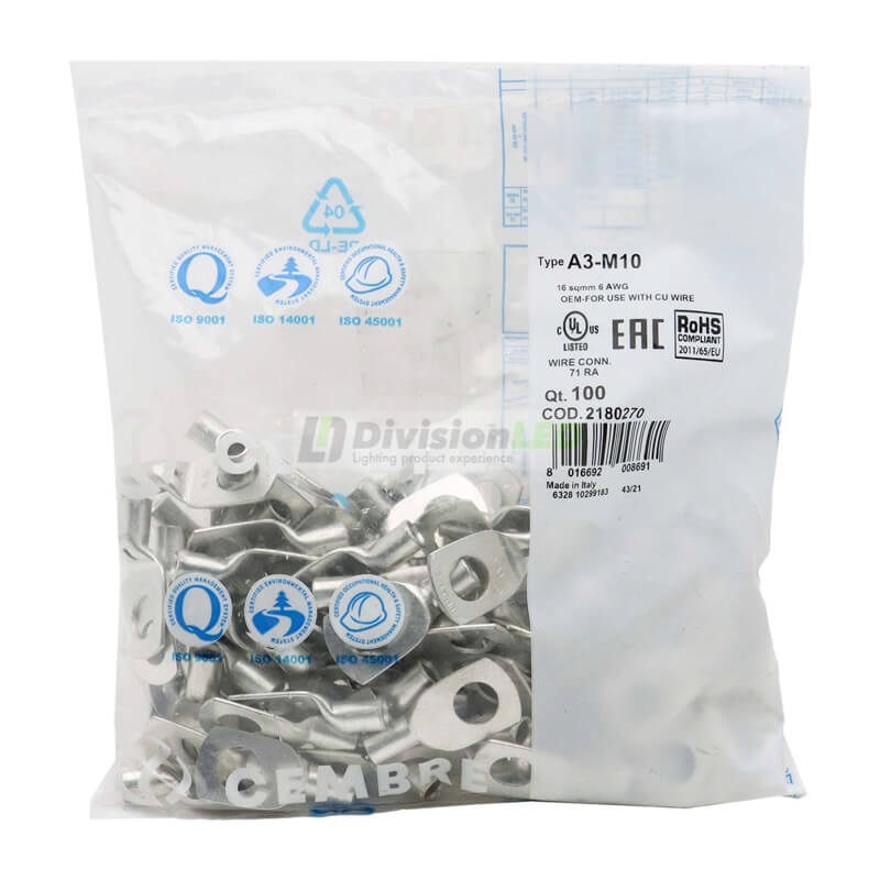 CEMBRE 2180270 A3-M10 Terminal redondo reforzado 16mm2 diámetro 10.5mm 100uds