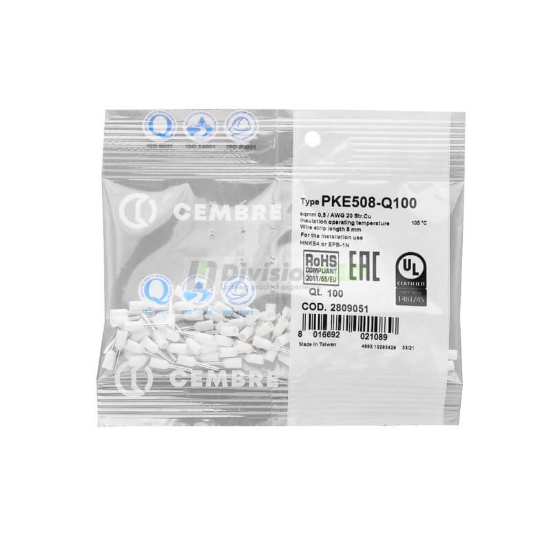CEMBRE 2809051 PKE508-Q100 Puntera hueca PKE blanca 0.3-0.5mm2 8mm 100uds