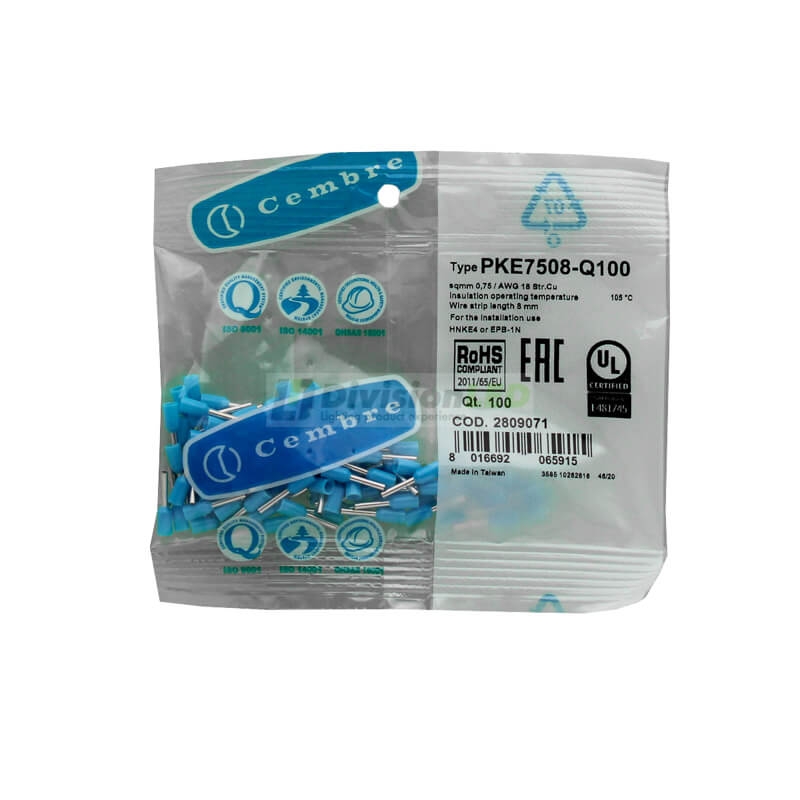 CEMBRE 2809071 PKE7508-Q100 Puntera hueca PKE azul 0.75mm2 8mm 100uds