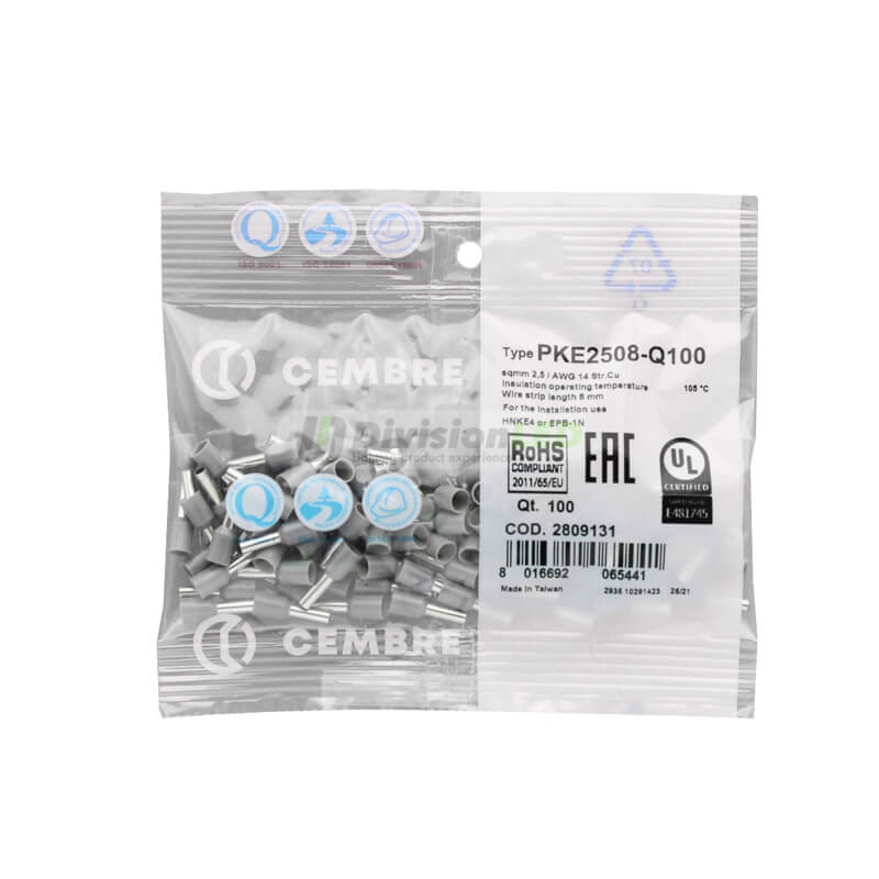 CEMBRE 2809131 PKE2508-Q100 Puntera hueca PKE gris 2.5mm2 8mm 100uds