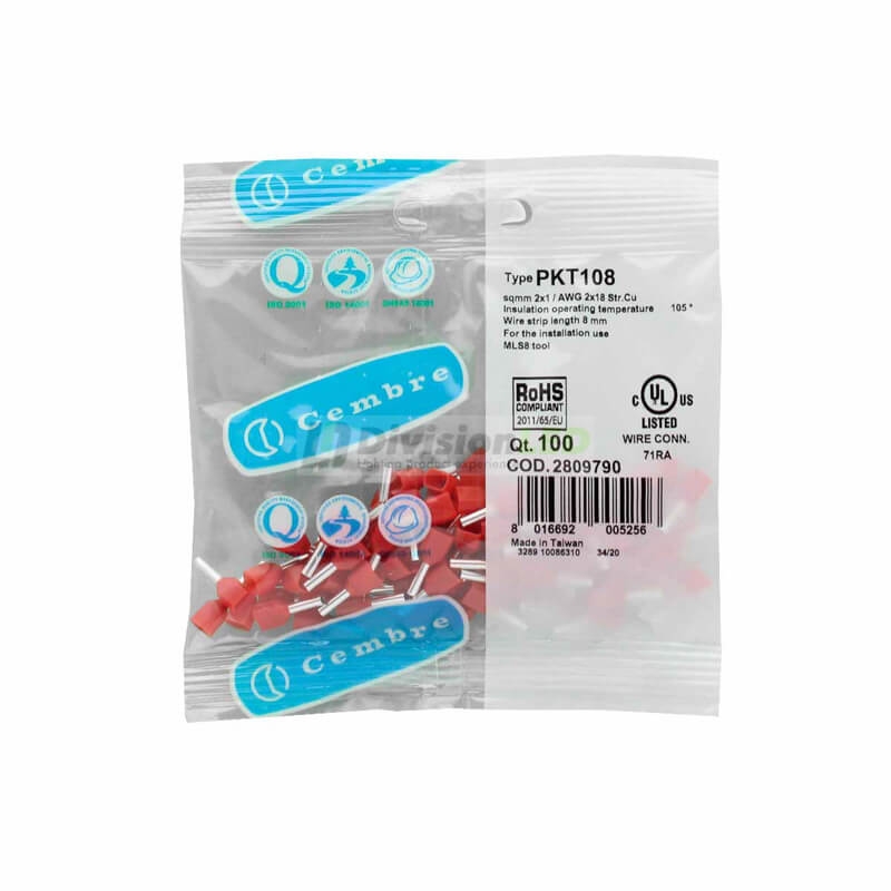 CEMBRE 2809790 PKT108 Puntera hueca doble PKT TWIN rojo 2x1mm2 8mm 100uds