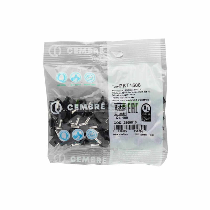 CEMBRE 2809810 PKT1508 Puntera hueca doble PKT TWIN negro 2x1.5mm2 8mm 100uds