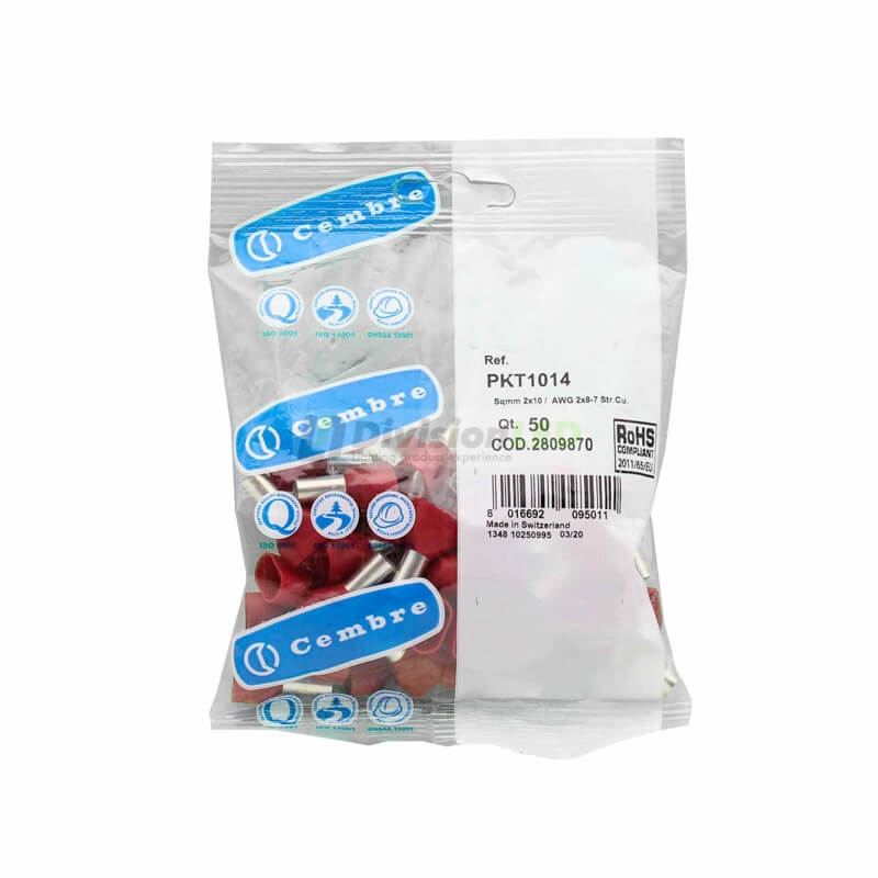 CEMBRE 2809870 PKT1014 Puntera hueca doble PKT TWIN rojo 2x10mm2 14mm 50uds