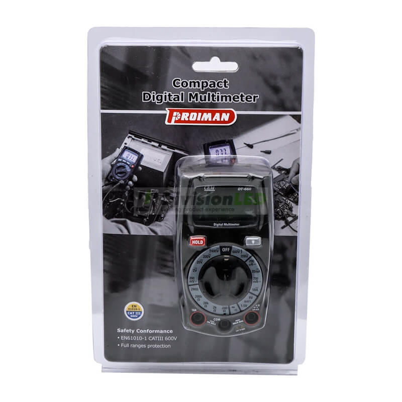 PROIMAN 460660 Multímetro digital 600V 10A CA/CC continuidad+diodos+resistencia+Data Hold